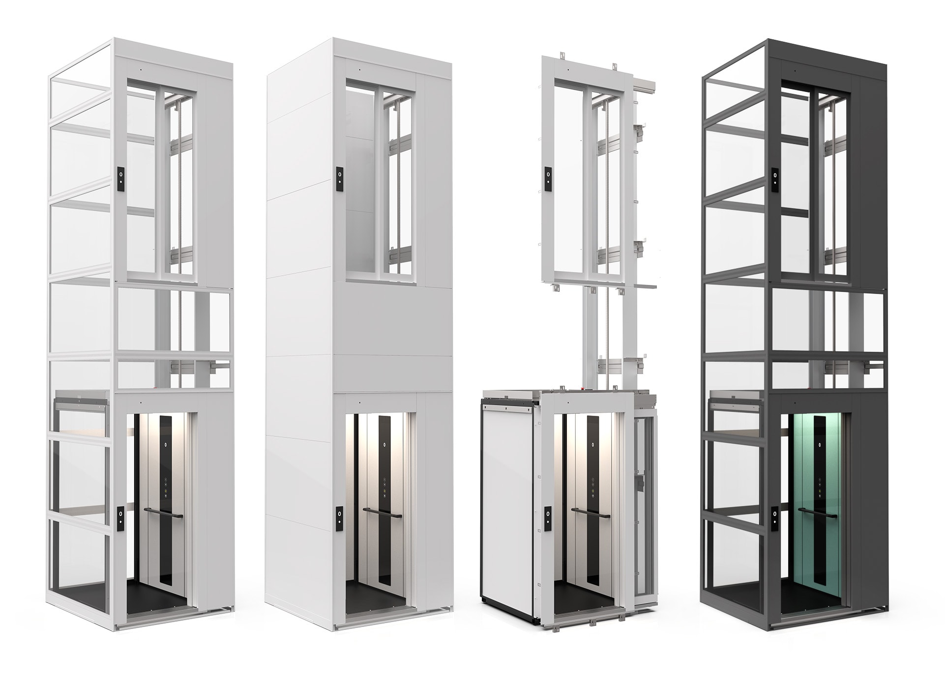 Four product images of a cabin lift with white background for web shop
