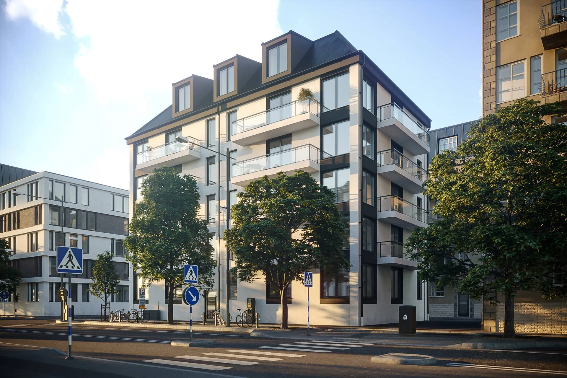 Real estate rendering of a modern apartment building at sunrise