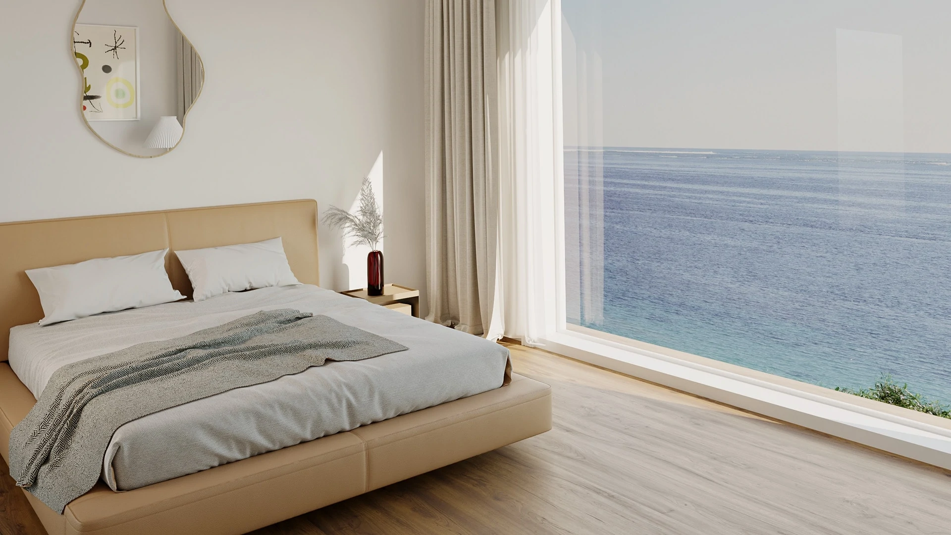 An interior bedroom 3D visualization with a sea view