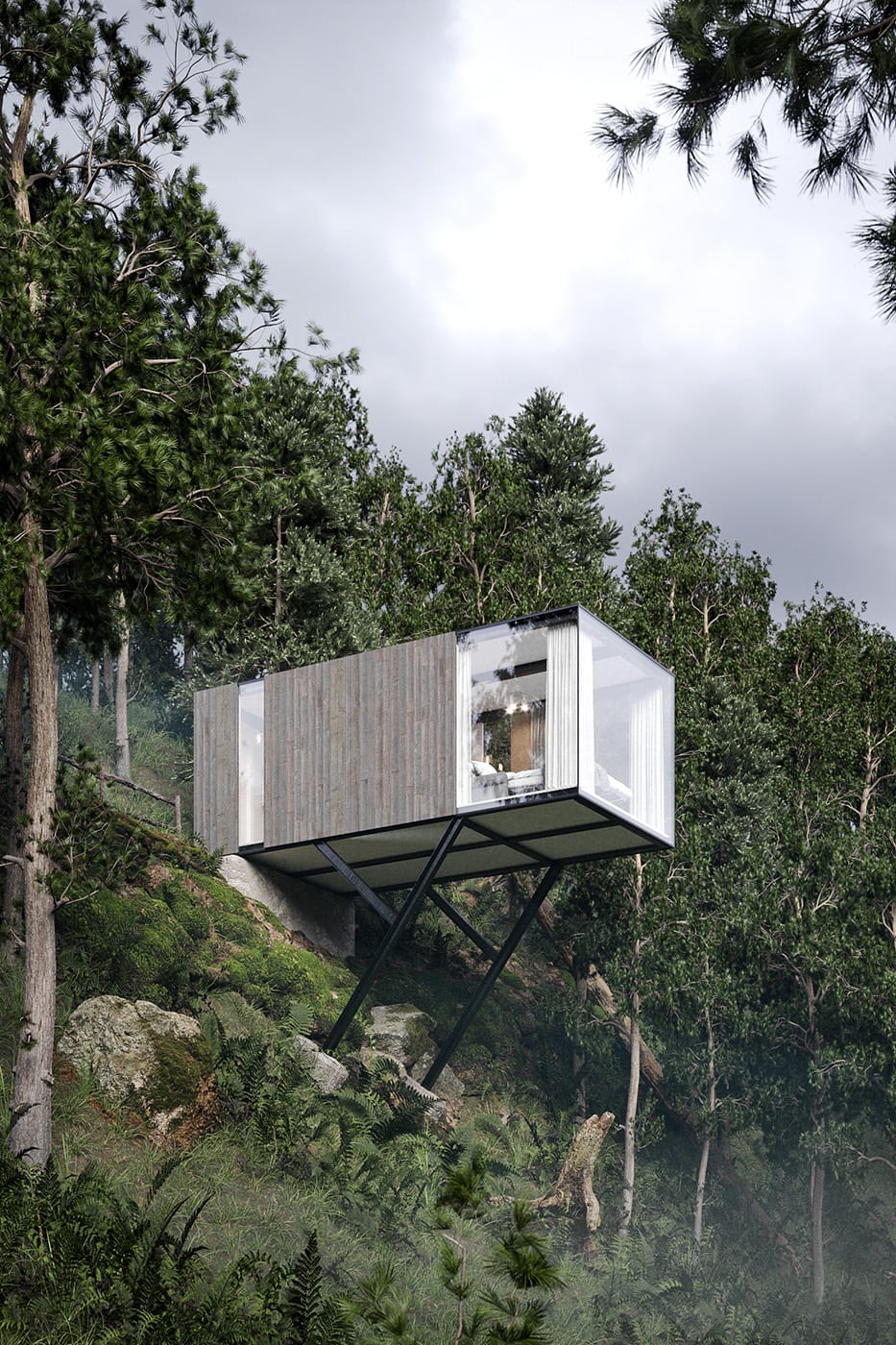 A 3D render depicting a modern forest cabin