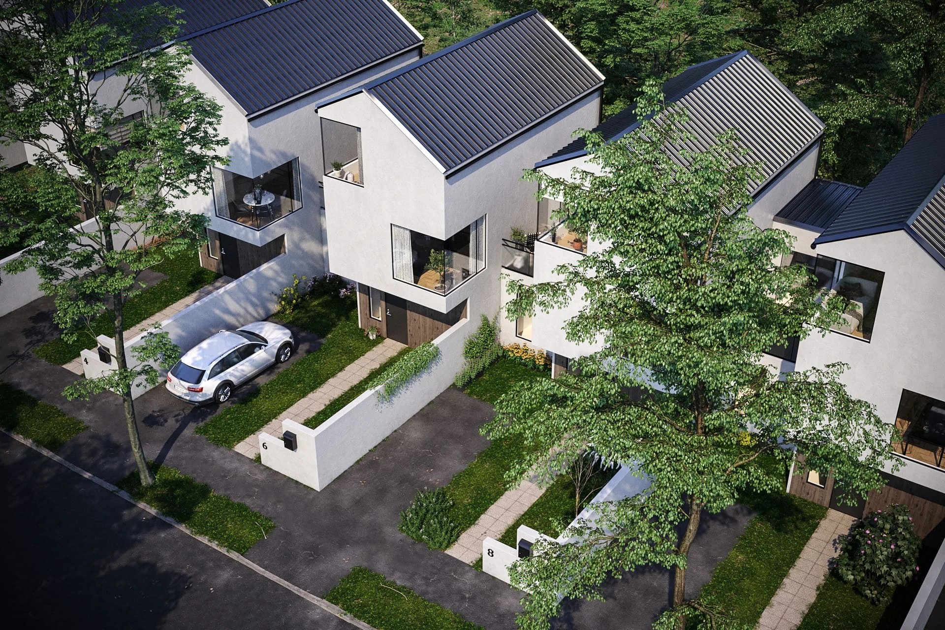 Top view rendering of a modern townhouse