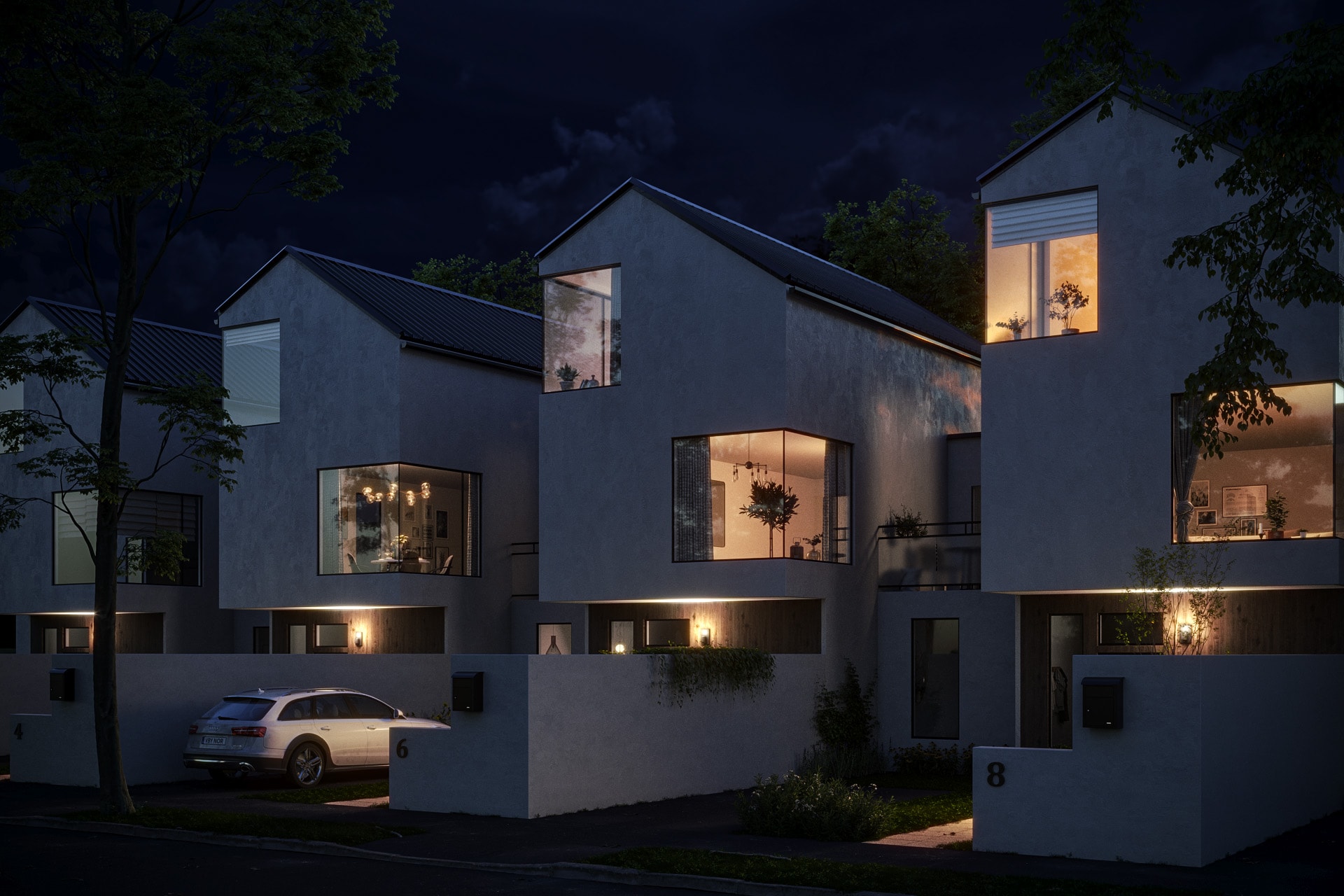 Architectural rendering of a modern townhouse at night